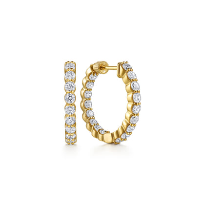 14K Yellow Gold 20mm Round Inside Out Diamond Hoop Earrings