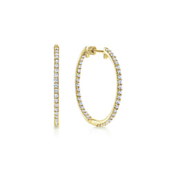 14K Yellow Gold 25mm Round Inside Out Diamond Hoop Earrings