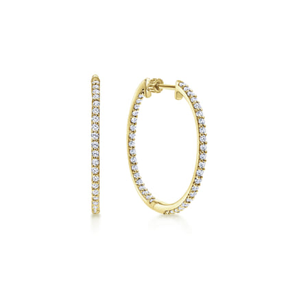 14K Yellow Gold 25mm Round Inside Out Diamond Hoop Earrings