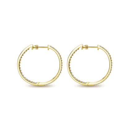 14K Yellow Gold 25mm Round Inside Out Diamond Hoop Earrings
