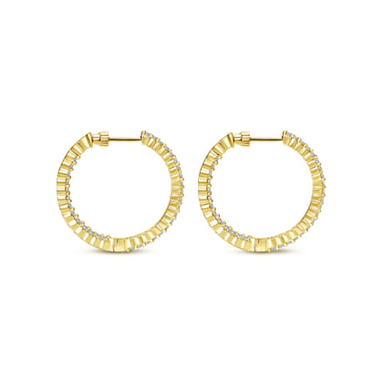 14K Yellow Gold 25mm Round Inside Out Diamond Hoop Earrings