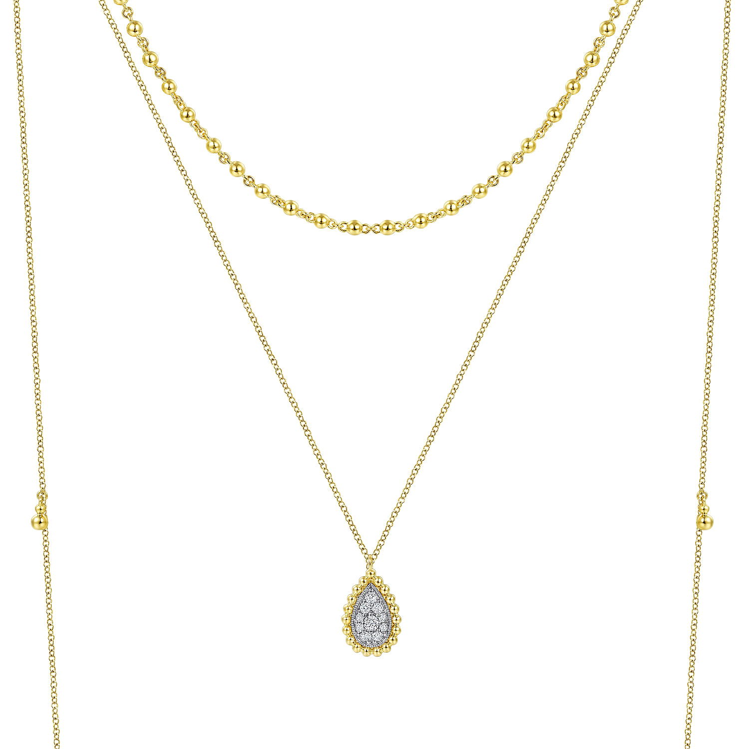 14K Yellow Gold 3 Strand Teardrop Diamond Pave Necklace with Drops