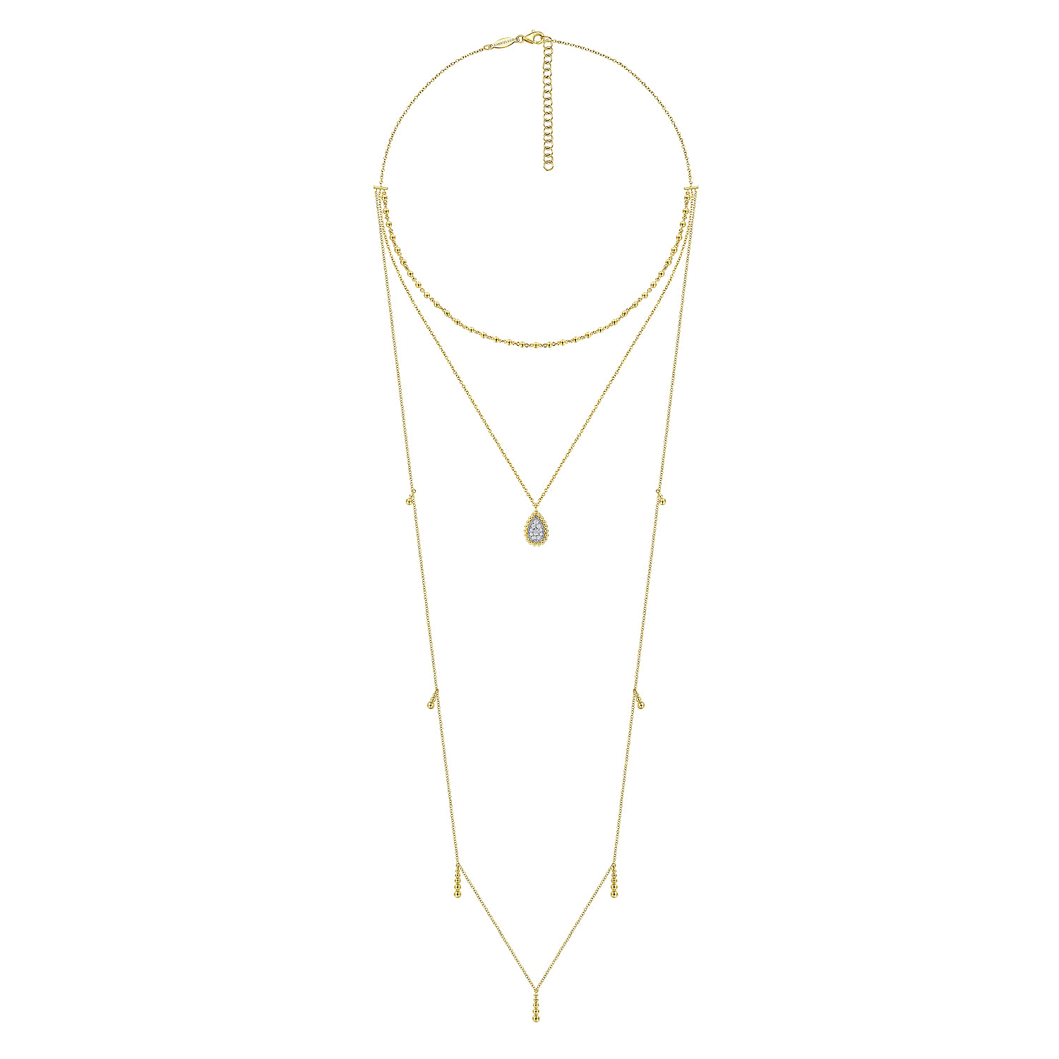 14K Yellow Gold 3 Strand Teardrop Diamond Pave Necklace with Drops