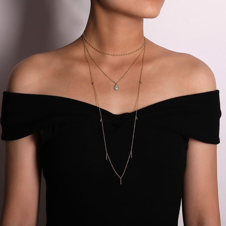14K Yellow Gold 3 Strand Teardrop Diamond Pave Necklace with Drops