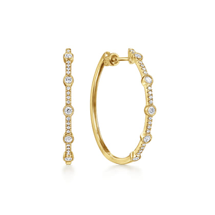 14K Yellow Gold 30mm Classic Diamond Hoop Earrings