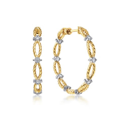 14K Yellow Gold 30mm Diamond and Twisted Rope Station Classic Hoop Earrings