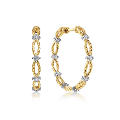 14K Yellow Gold 30mm Diamond and Twisted Rope Station Classic Hoop Earrings