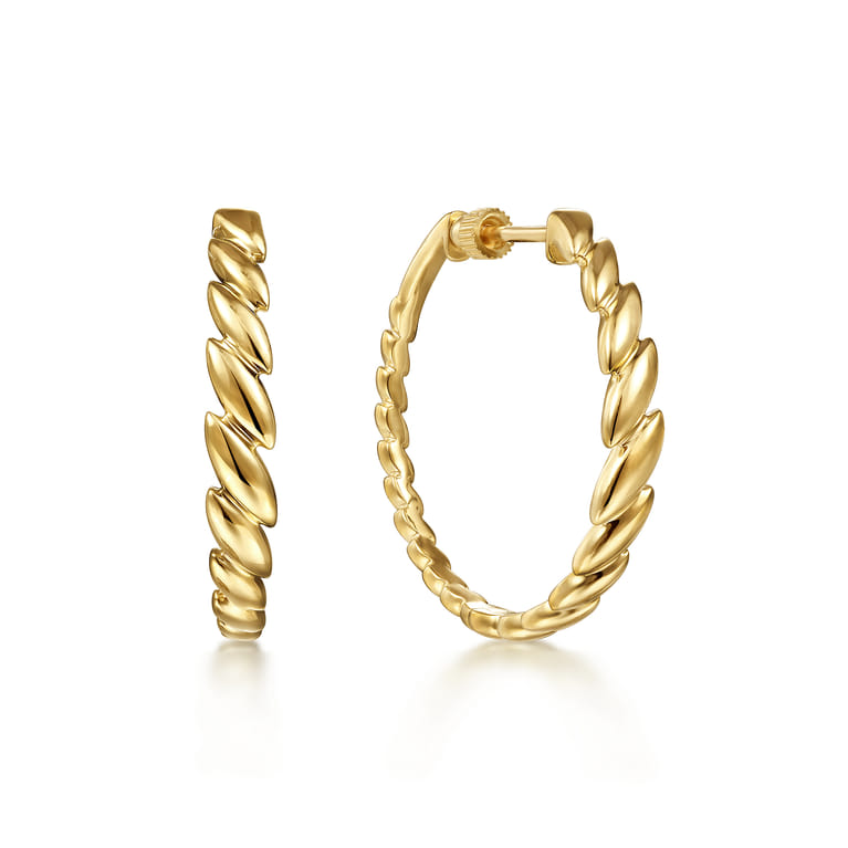 14K Yellow Gold 30mm Marquise Pattern Hoop Earrings - Shot 1