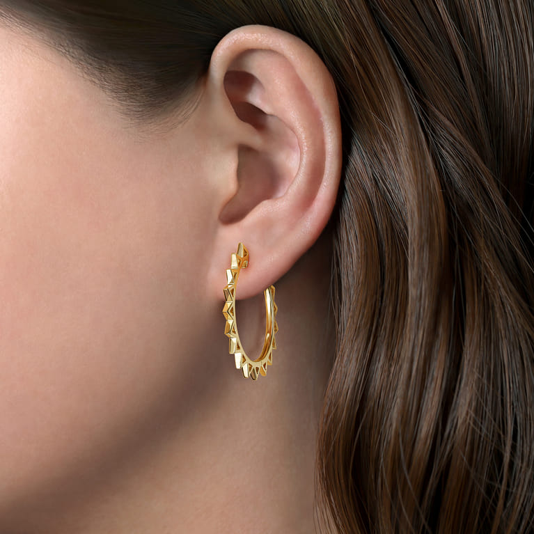 14K Yellow Gold 30mm Spikey Classic Hoop Earrings - Shot 2