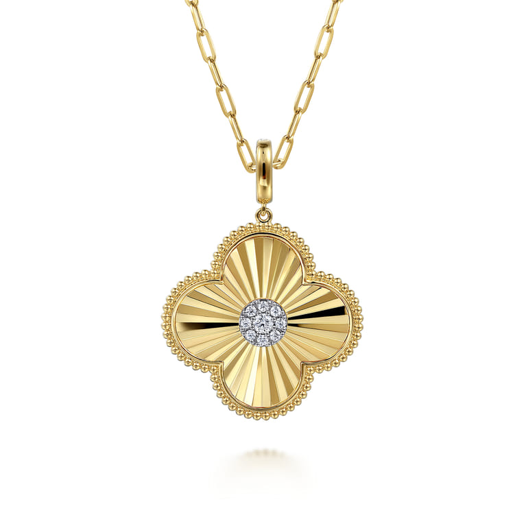 14K Yellow Gold 32mm Bujukan  Diamond Cut Diamond Clover Medallion Pendant With Detachable Bail - 0.35 ct - Shot 3
