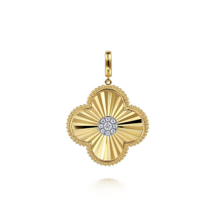 14K Yellow Gold 32mm Bujukan Diamond Cut Diamond Clover Medallion Pendant with Detachable Bail