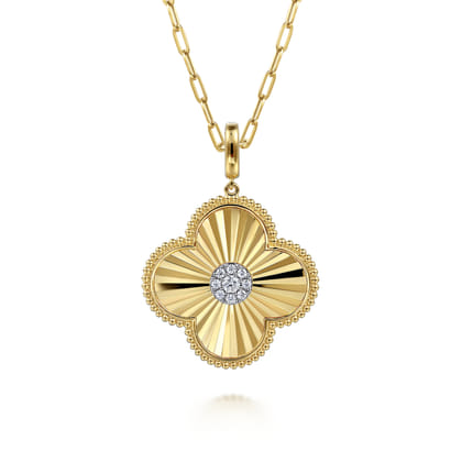 14K Yellow Gold 32mm Bujukan Diamond Cut Diamond Clover Medallion Pendant with Detachable Bail