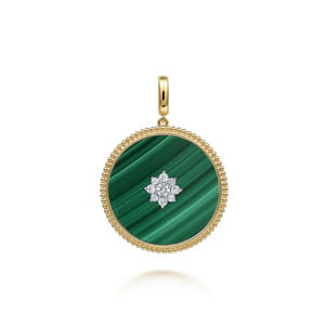 14K Yellow Gold 32mm Bujukan Diamond  Malachite Medallion Pendant With Detachable Bail