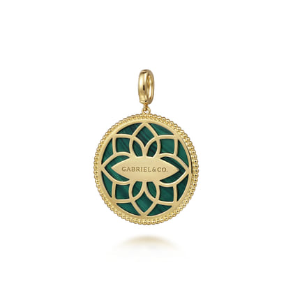 14K Yellow Gold 32mm Bujukan Diamond  Malachite Medallion Pendant With Detachable Bail
