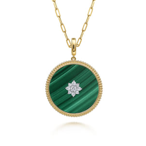 14K Yellow Gold 32mm Bujukan Diamond  Malachite Medallion Pendant With Detachable Bail