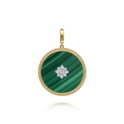 14K Yellow Gold 32mm Bujukan Diamond Malachite Medallion Pendant with Detachable Bail