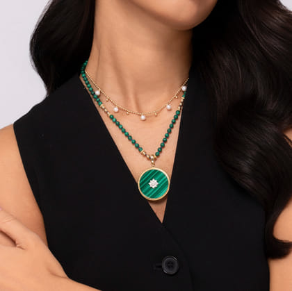 14K Yellow Gold 32mm Bujukan Diamond Malachite Medallion Pendant with Detachable Bail