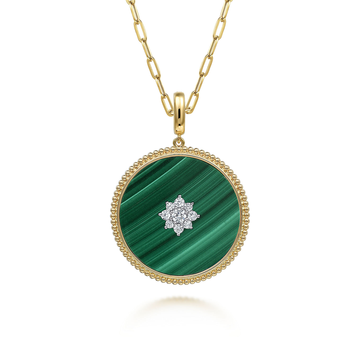 14K Yellow Gold 32mm Bujukan Diamond Malachite Medallion