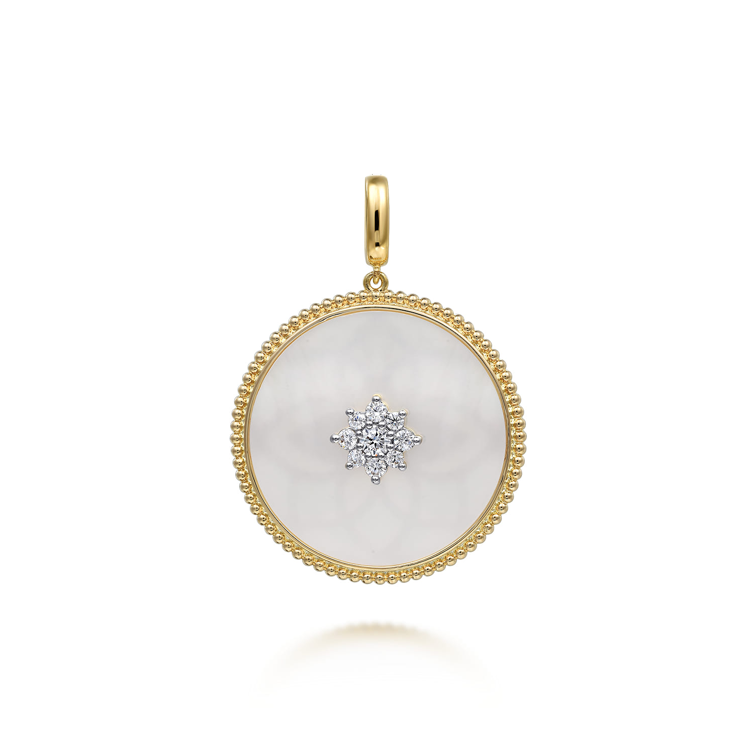 14K Yellow Gold 32mm Bujukan Diamond  Mother of Pearl Medallion Pendant With Detachable Bail - 0.5 ct - Shot 1