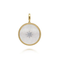 14K Yellow Gold 32mm Bujukan Diamond  Mother of Pearl Medallion Pendant With Detachable Bail
