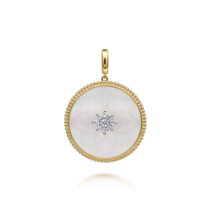 14K Yellow Gold 32mm Bujukan Diamond  Mother of Pearl Medallion Pendant With Detachable Bail