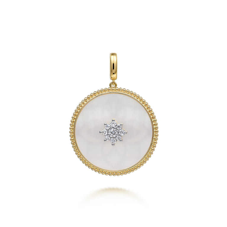 14K Yellow Gold 32mm Bujukan Diamond  Mother of Pearl Medallion Pendant With Detachable Bail - 0.5 ct - Shot 1