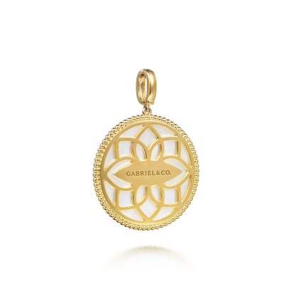 14K Yellow Gold 32mm Bujukan Diamond  Mother of Pearl Medallion Pendant With Detachable Bail