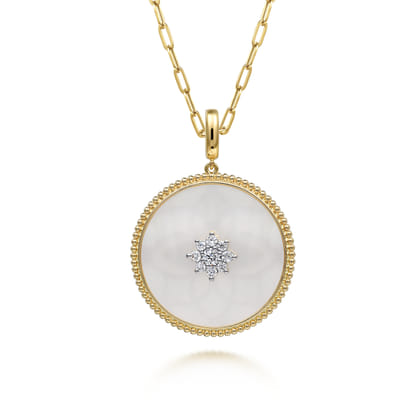 14K Yellow Gold 32mm Bujukan Diamond  Mother of Pearl Medallion Pendant With Detachable Bail