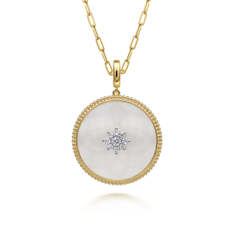 14K Yellow Gold 32mm Bujukan Diamond  Mother of Pearl Medallion Pendant With Detachable Bail - 0.5 ct - Shot 3
