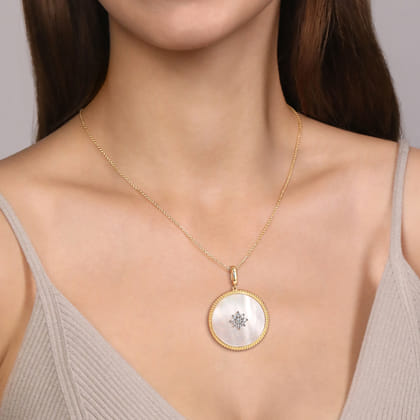 14K Yellow Gold 32mm Bujukan Diamond  Mother of Pearl Medallion Pendant With Detachable Bail