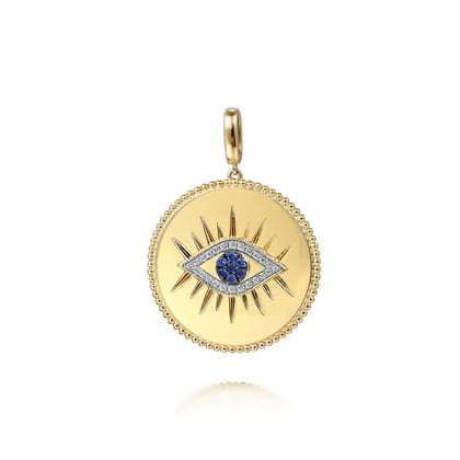 14K Yellow Gold 32mm Bujukan Diamond  Sapphire Evil Eye Pendant With Detachable Bail