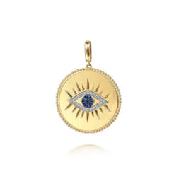 14K Yellow Gold 32mm Bujukan Diamond Sapphire Evil Eye Pendant with Detachable Bail