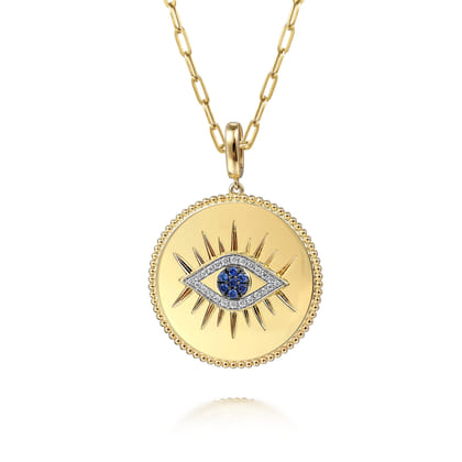 14K Yellow Gold 32mm Bujukan Diamond Sapphire Evil Eye Pendant with Detachable Bail