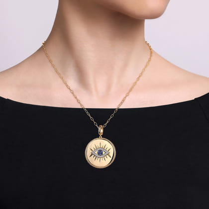 14K Yellow Gold 32mm Bujukan Diamond Sapphire Evil Eye Pendant with Detachable Bail