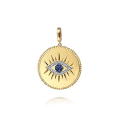 14K Yellow Gold 32mm Bujukan Diamond   Sapphire Evil Eye Pendant