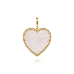 14K Yellow Gold 32mm Bujukan Heart Pink Mother of Pearl Pendant With Detachable Bail