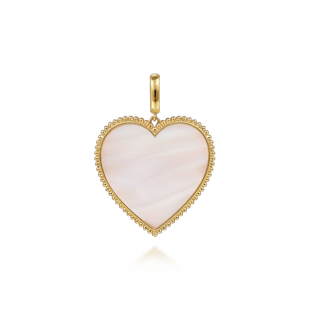 14K Yellow Gold 32mm Bujukan Heart Pink Mother of Pearl Pendant
