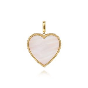 14K Yellow Gold 32mm Bujukan Heart Pink Mother of Pearl Pendant With Detachable Bail