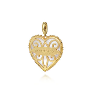 14K Yellow Gold 32mm Bujukan Heart Pink Mother of Pearl Pendant With Detachable Bail