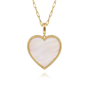 14K Yellow Gold 32mm Bujukan Heart Pink Mother of Pearl Pendant With Detachable Bail