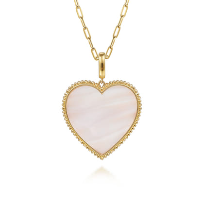 14K Yellow Gold 32mm Bujukan Heart Pink Mother of Pearl Pendant With Detachable Bail