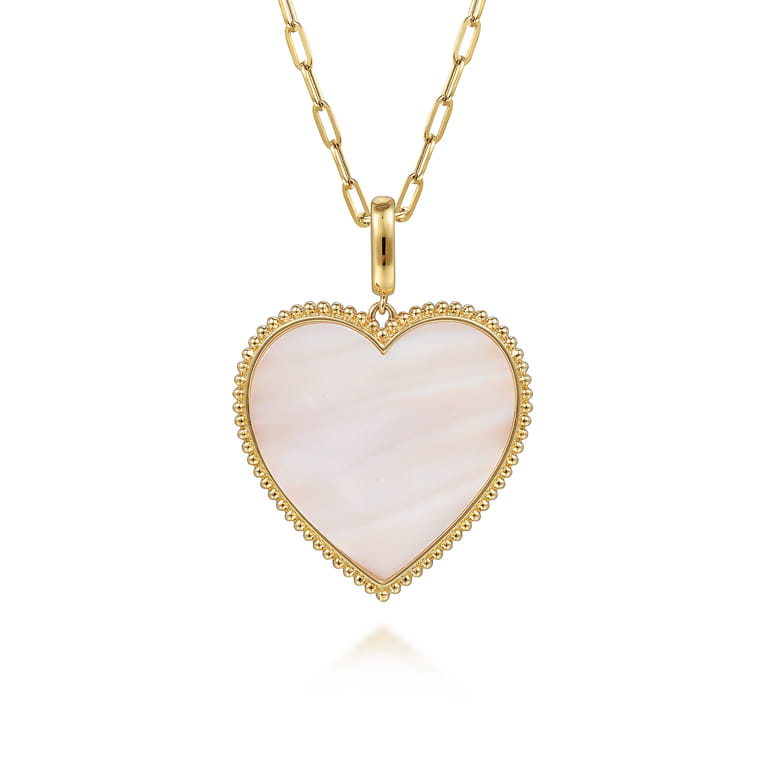 14K Yellow Gold 32mm Bujukan Heart Pink Mother of Pearl Pendant With Detachable Bail - Shot 3