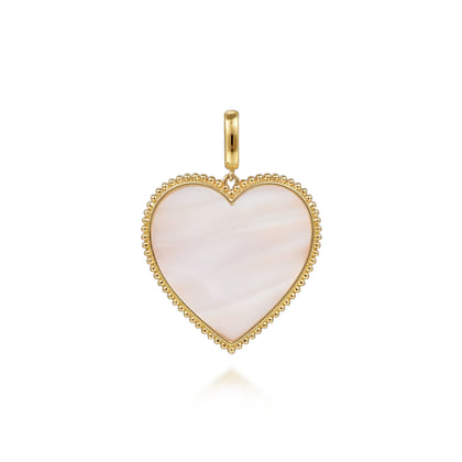 14K Yellow Gold 32mm Bujukan Heart Pink Mother of Pearl Pendant with Detachable Bail