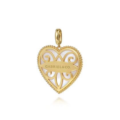 14K Yellow Gold 32mm Bujukan Heart Pink Mother of Pearl Pendant with Detachable Bail