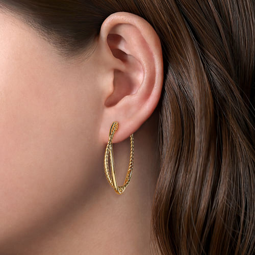14K Yellow Gold 35mm Plain and Twisted Rope Classic Hoop Earrings - Shot 2