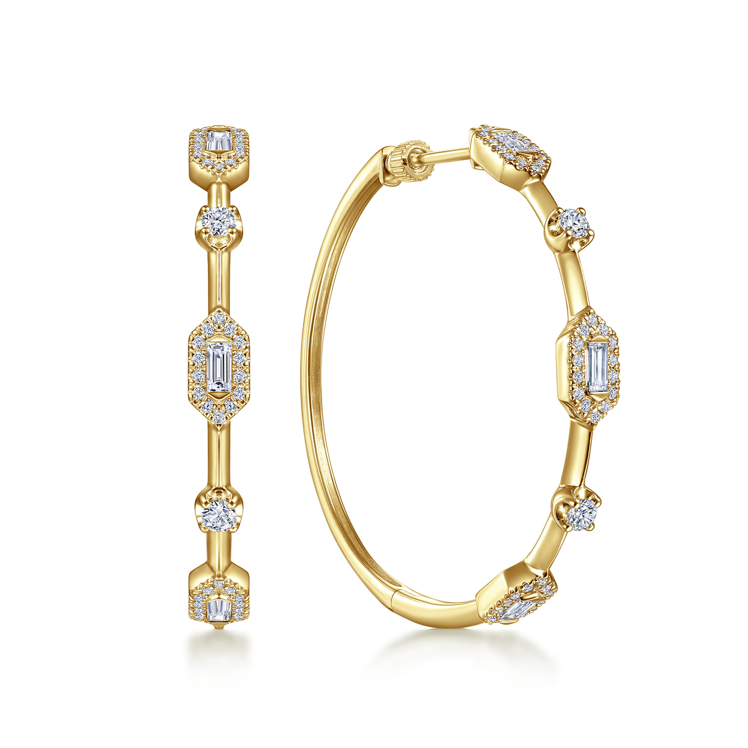 14K Yellow Gold 40mm Diamond Baguette and Round Station Classic Hoop Earrings - 1.25 ct - Shot 1
