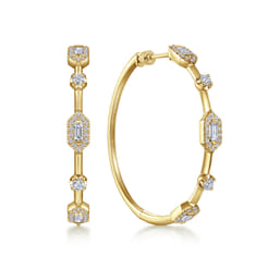14K Yellow Gold 40mm Diamond Baguette and Round Station Classic Hoop Earrings