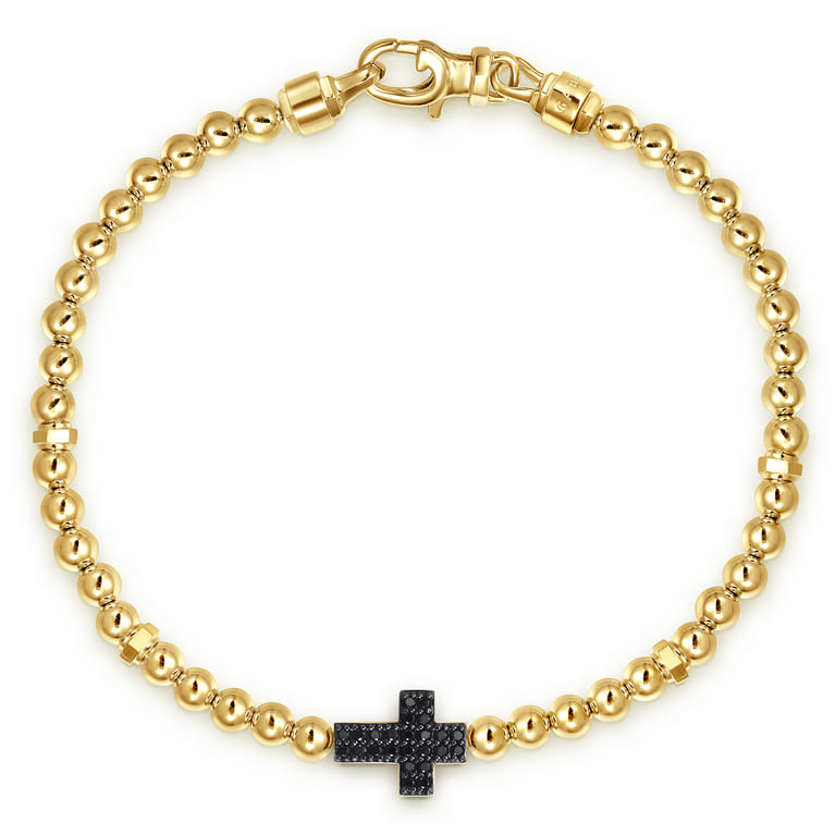 14K Yellow Gold 4mm Beaded Mens Bracelet with Black Spinel Cross - Shot 1