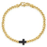 14K Yellow Gold 4mm Beaded Mens Bracelet with Black Spinel Cross