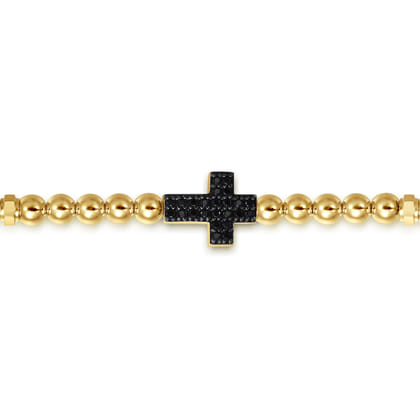 14K Yellow Gold 4mm Beaded Mens Bracelet with Black Spinel Cross